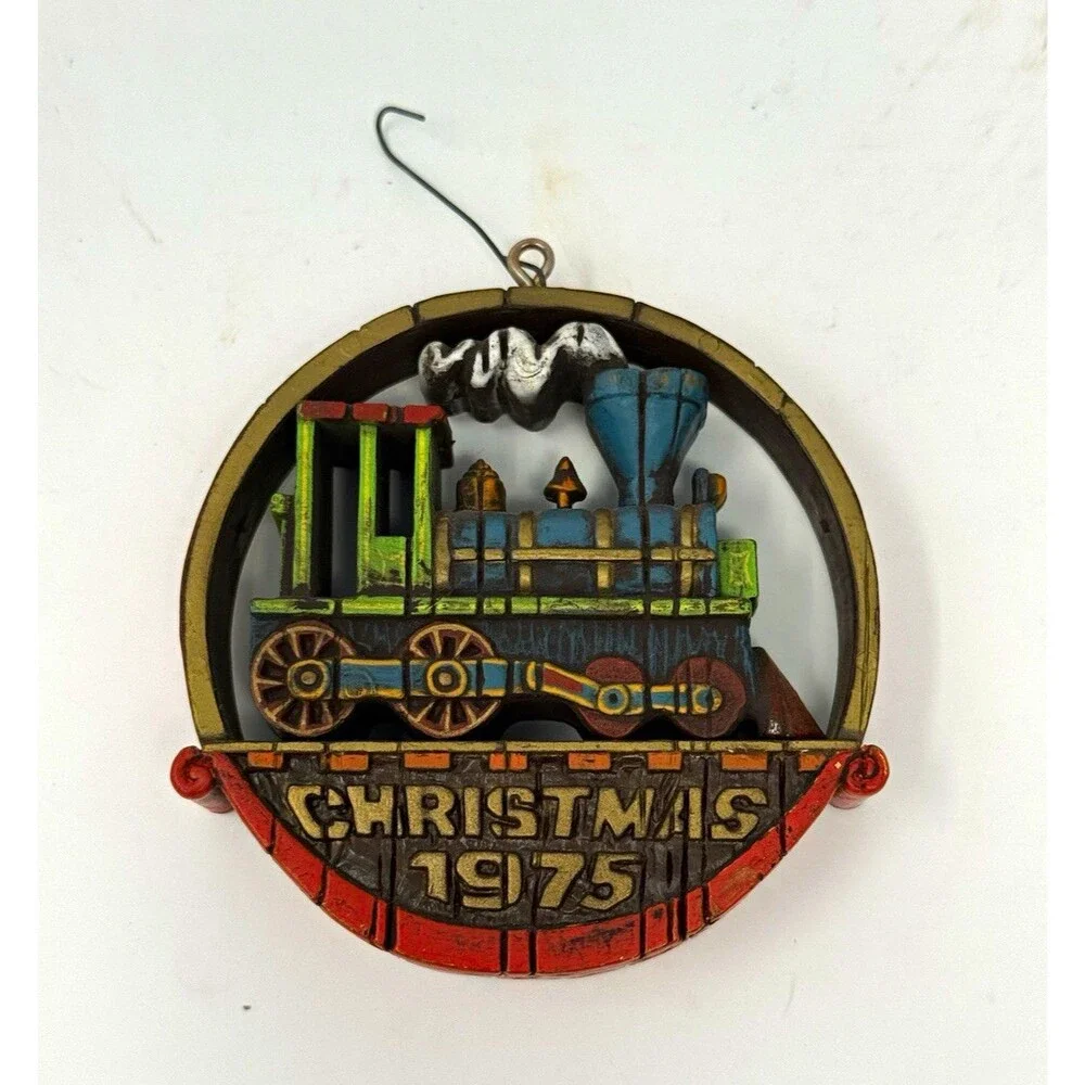 Vintage Christmas 1975 Train Round Hanging Ornament Multicolor 1pc